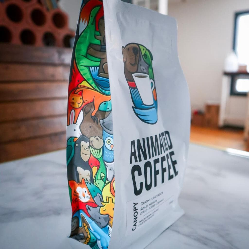 A product shot of Animated Coffee's beautiful coffee bag.