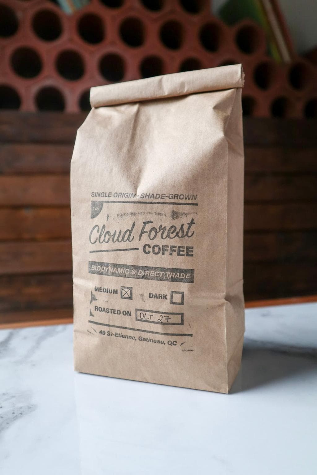 A product shot of a bag of Cloud Forest Coffee.